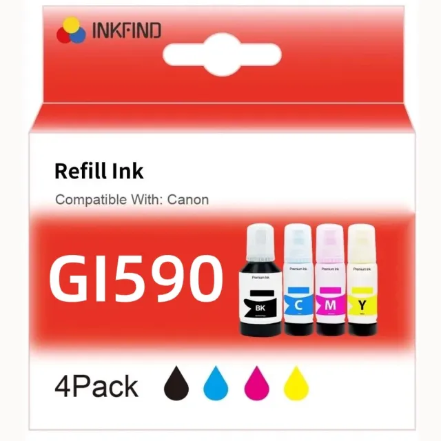 INKFIND GI590 GI490 inkt geschikt voor CanonGI590 GI490 CanonGI-590 GI-490 GI590 GI-590 Canon GI-590 Megatank 4-kleuren multipack voor Canon PIXMA G1400 G1410 G2400 G2410 G3400 G4400 G4411 G1500 G1510 G2500 G2510 G3500 G3510 G4500 G1501 5600 Zwart, Cyaan, Magenta, Geel