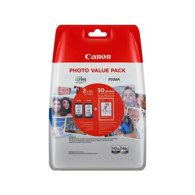Canon PG-545XL / CL-546XL + 50 sheets Inktcartridge Zwart + 3 kleuren Multipack Hoge capaciteit