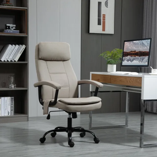 DESMIU Bureaustoel 63 x 70 x 112-121 cm - Ergonomisch Met Trilmassage, Hoogteverstelling En Wipfunctie - Voor Thuiskantoor - Polyester Beige