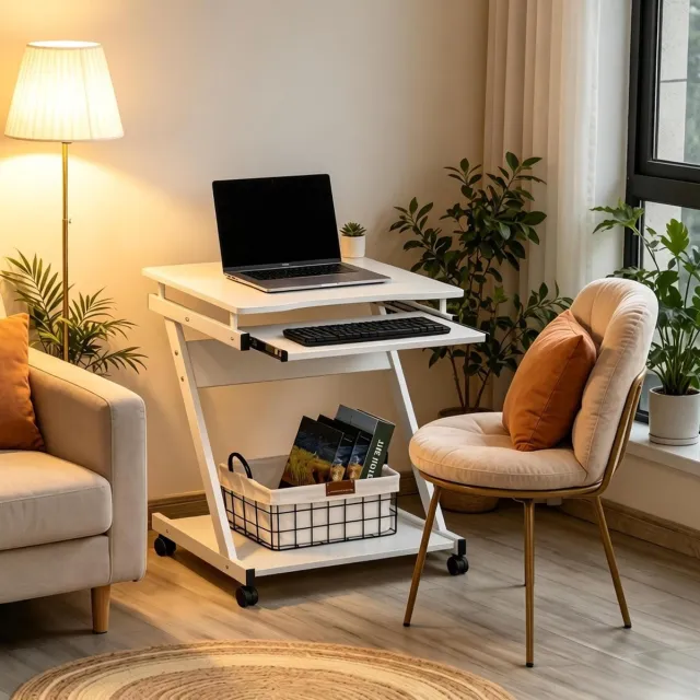 MODENUIT Computerbureau Mobiel – Met Wielen en Keyboardlade – 60 x 48 x 73 cm – Spaanplaat en Metaal – Wit