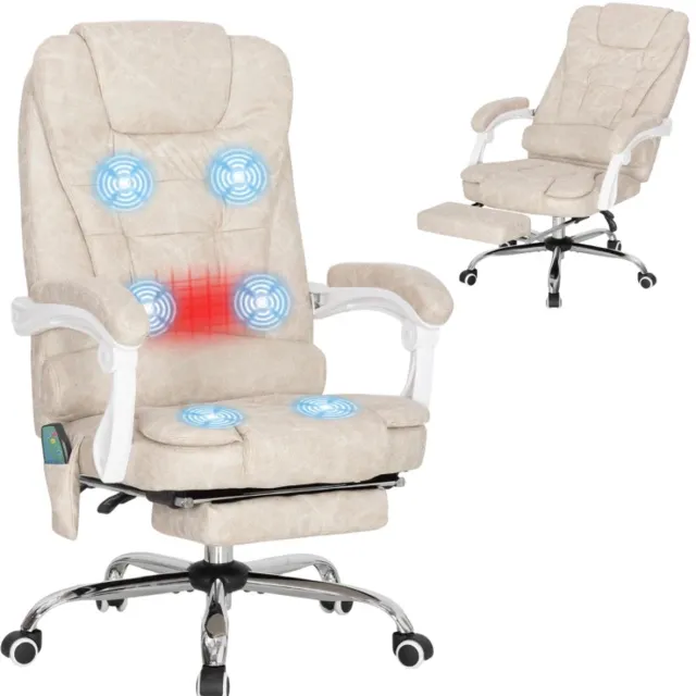 ZYLARO Ergonomische Bureaustoel met 6 Massagepunten - Massagestoel - In Hoogte Verstelbaar - 360° Draaibaar - 135° Kantelbare Rugleuning - met Voetensteun & Verwarmingsfunctie - Kantoorstoel - Gamestoel - Volwassenen Stoel - Computerstoel - Crèmewit