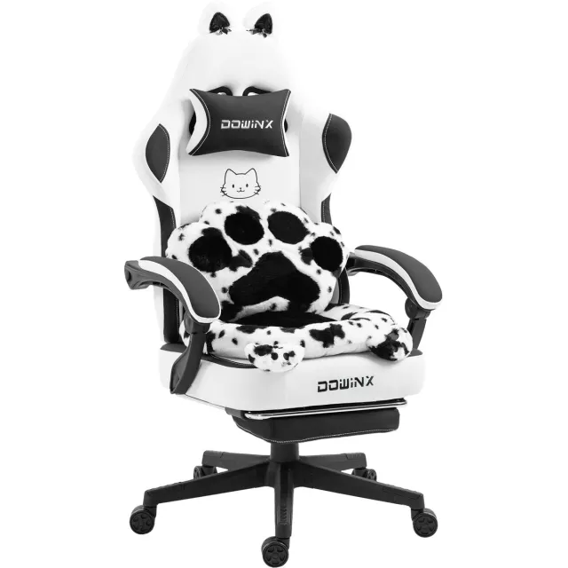 Dowinx Gaming Stoel Ergonomisch met Voetsteun – Vleugelloze Zit – Verstelbare Rugleuning – Zachte Stof – Zwartwit – Voor Gaming, Werk en Studie – Middelgroot – 1 Stuk Zwart-wit