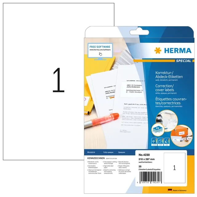 Herma Etiket HERMA 4230 210x297mm A4 correctie wit 25 stuks