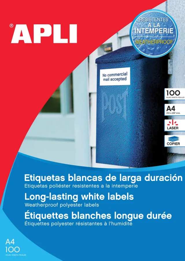 Apli Weerbestendige etiketten ft 210 x 297 mm (b x h), 100 stuks, 1 per blad, doos van 100 blad wit