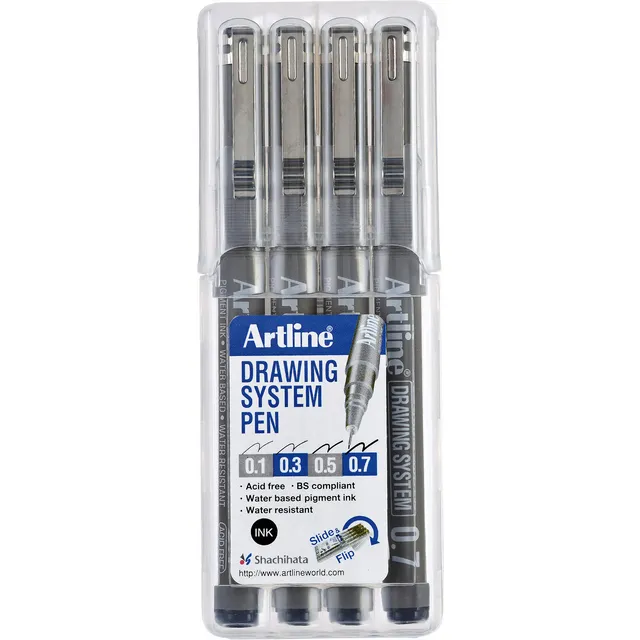 Artline Fineliner Artline technisch etui met 0.1-0.3-0.5-0.7mm zwart