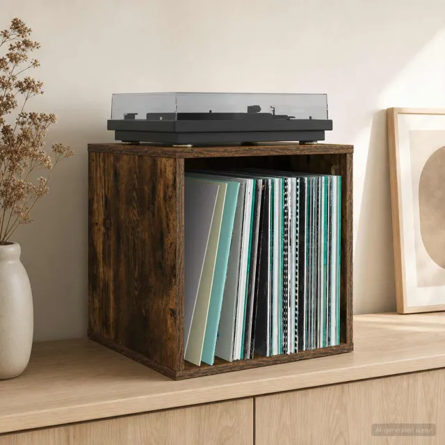 vidaXL Vinyl Album Doos Gerookt eiken 37 x 36,5 x 38 cm Bewerkt hout Bruin