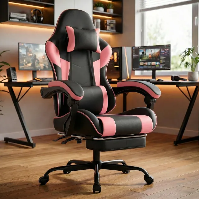 REDOM Gamingstoel - Ergonomische lendensteun en hoofdsteun - Verstelbare rugleuning en zithoogte - Met voetsteun en wielen - Gamingstijl - Bureau - Kunstleer - Zwart-Roze - 131 x 63 x 77 cm Roze+zwart