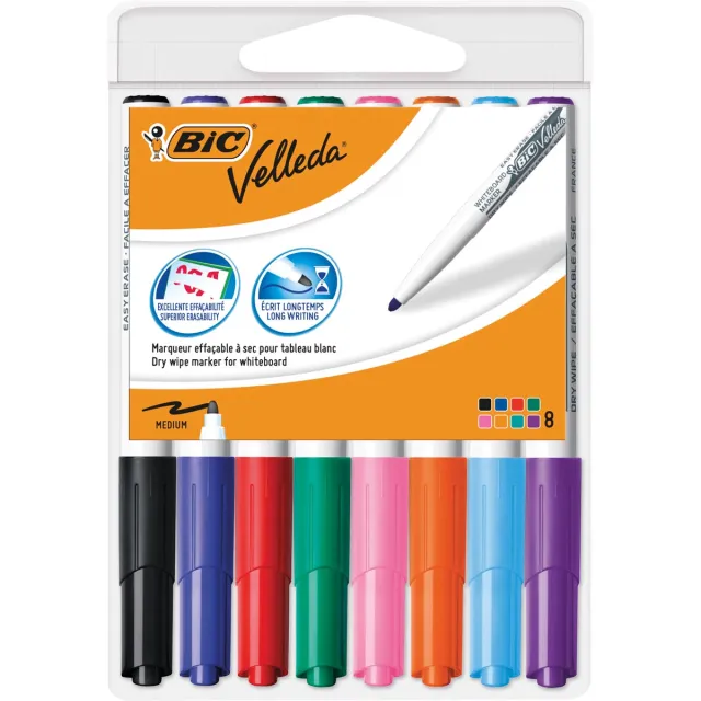 Velleda Bic whiteboardmarker Velleda 1741, in geassorteerde kleuren, etui van 8 stuks blauw