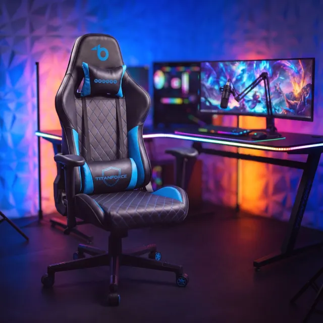 Bemada Gamingstoel - Zwart/Blauw - Ergonomisch Met Nek- En Lendensteun - PU-Leer - 2D Verstelbare Armleuningen - Racestijl Wieltjes - 122 x 65 x 53 Cm - Max 110 Kg [BMD1124BL] Meerkleurig