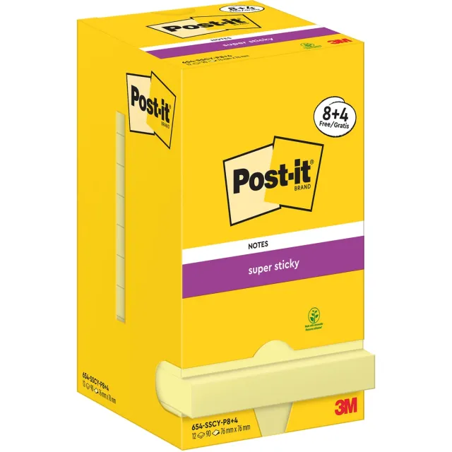 Post-it Super Sticky Notes, 90 vel, ft 76 x 76 mm, geel, 8 + 4 GRATIS