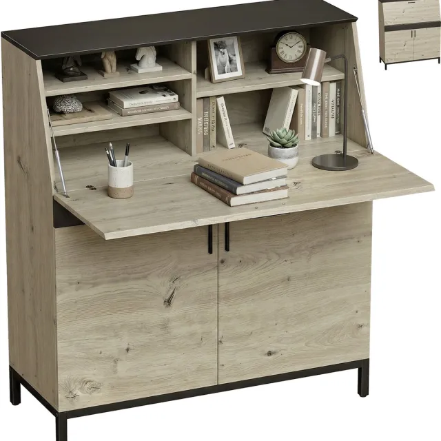 Homcom Secretaire Bureau met Klapblad en Opbergruimte - Schrijftafel - Computerbureau - Naturel met Zwart natuurlijk hout, zwart