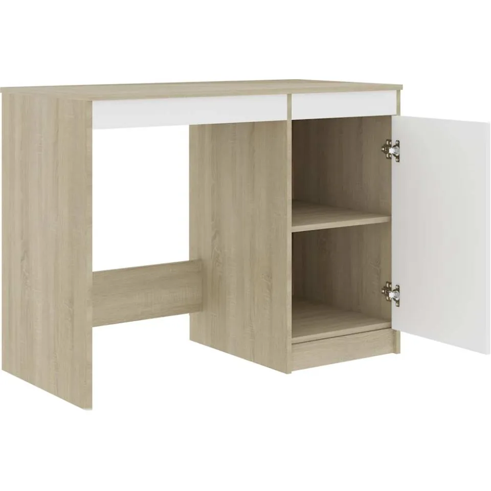 vidaXL Bureau 100x50x76 cm bewerkt hout wit en sonoma eikenkleurig, foto 3