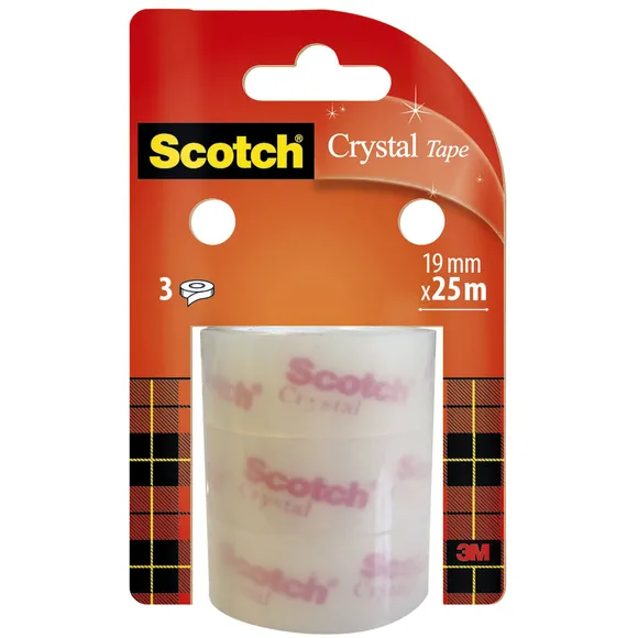 Scotch Plakband Scotch Crystal 19mmx25m transparant helder 3 rollen geel