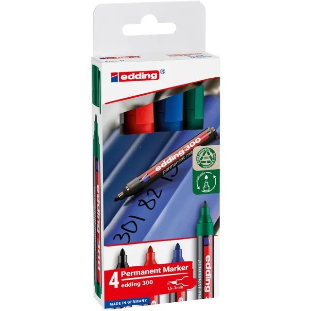 Edding permanent marker 300, geassorteerde kleuren, blister van 4 stuks blauw