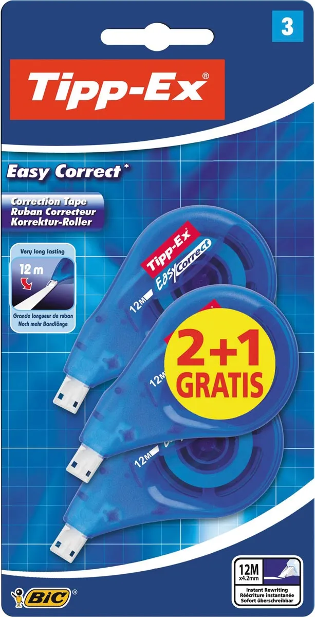 Tipp-ex correctieroller Easy Correct, blister van 3 stuks (2 + 1 gratis)