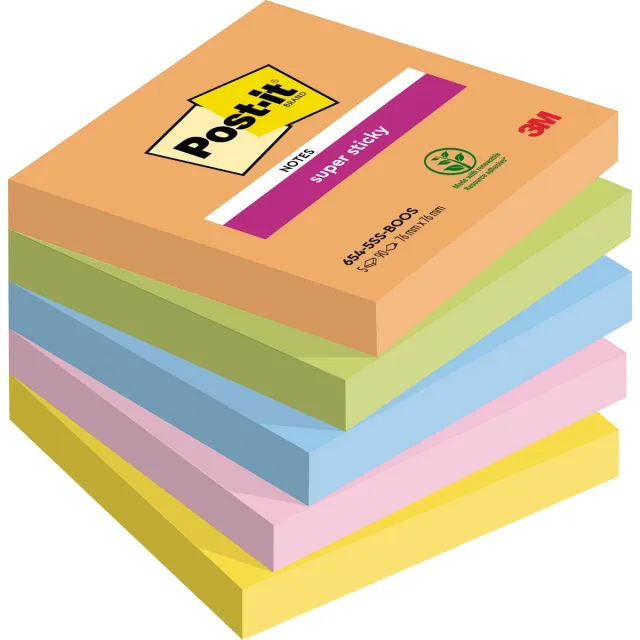 Post-it Super Sticky notes Boost, 90 vel, ft 76 x 76 mm, geassorteerde kleuren, pak van 5 blokken blauw