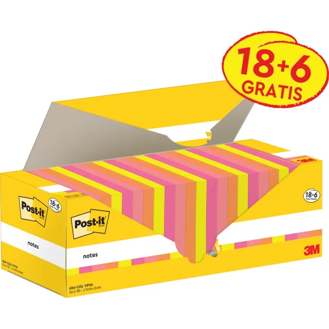 Post-it Notes, 100 vel, ft 76 x 76 mm, assorti, 18 blokken + 6 GRATIS geel