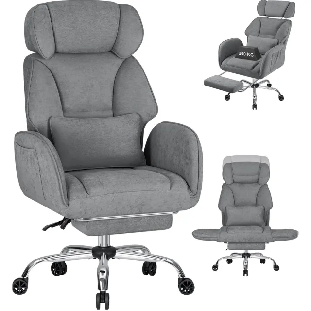 Hoffree Ergonomische Bureaustoel Kleermakerszit met Voetensteun - Grijs - Opklapbare Armleuningen, 135° Verstelbare Rugleuning, Chenille Stof, Belastbaar tot 200 kg