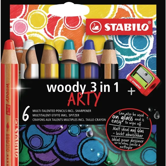 Stabilo Kleurpotloden STABILO 880 woody 3 in 1 Arty inclusief puntenslijper assorti etui à 6 stuks