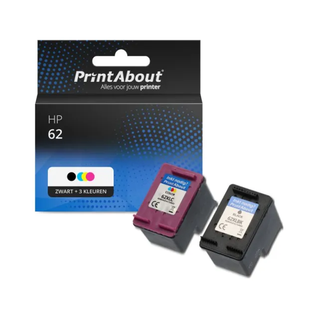 PrintAbout huismerk Inktcartridge 62 (N9J71AE) Zwart + 3 kleuren Multipack Geschikt voor HP