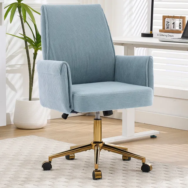 REDOM Bureaustoel - Hoogteverstelbaar - Ergonomische rugleuning met lendensteun - Metalen vijfpootsonderstel - Ribstof - Blauw - 65 x 63 x 107 cm