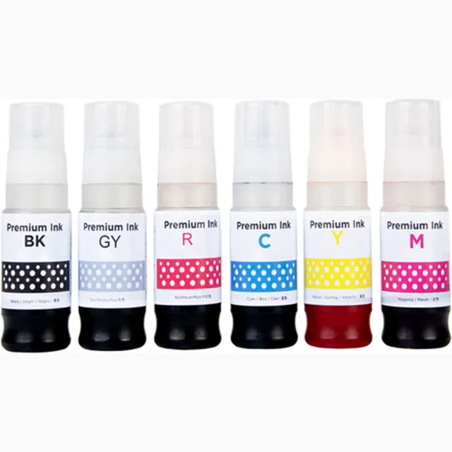 Go4inkt Compatible Canon GI-53 GI53 bk/c/m/y/r/gy multipack inktflesjes (6 st), van Go4inkt - zwart cyaan magenta yellow rood grijs - voor Canon Pixma G550 G650 G750 G850 G950 G1050