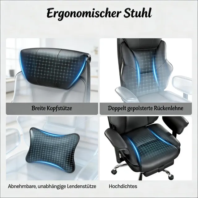 STILVORA Bureaustoel 77 x 71 x 118-125,5 cm - Ergonomisch Verstelbaar - Voor Kantoor En Thuis - Metaal Polyurethaan - Zwart