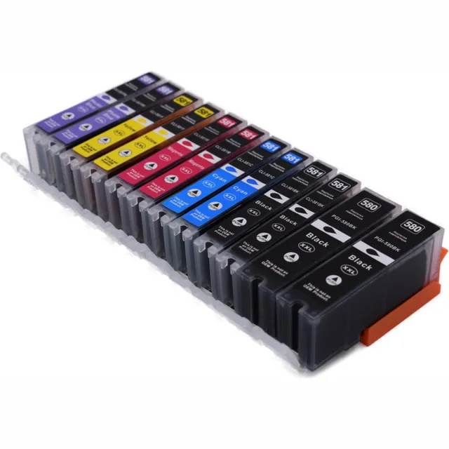 KATRIZ Huismerk Inkt PGI-580XXL + CLI-581XXL (Zwart, Cyaan, Magenta, Geel, Foto Zwart, Foto Blauw) – Set van 12 – Geschikt voor Canon PIXMA TS8250 / TS8150 / TS9150 – Extra Hoge Capaciteit – Compatible Alternatief Zwart, Foto Zwart, Cyaan, Magenta, Geel, foto blauw