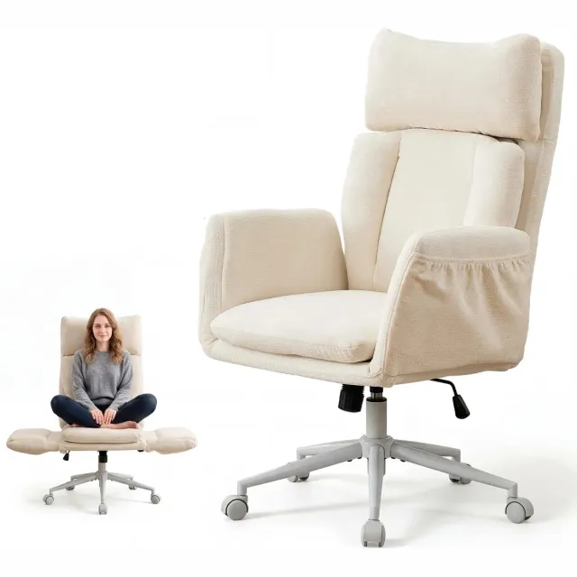 RosaBloom Bureaustoel - Computerstoel - Met Verstelbare Lendensteun - Opklapbare Armleuningen - 68x49x122,4 cm - Chenille - Beige
