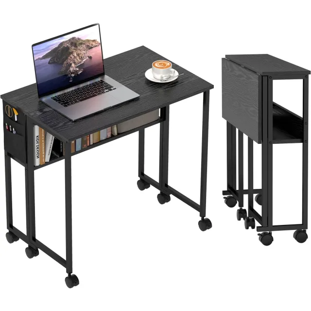Ropilly Opklapbaar bureau zwart - Ruimtebesparend bureau met wielen - 80x50 cm - Compact