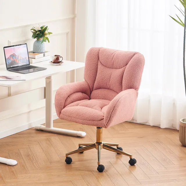 REDOM Bureaustoel - Hoogteverstelbaar en draaibaar - Met wielen - Teddy stof - Home-office - Metaal en stof - Roze - 62 x 64 x 97 cm