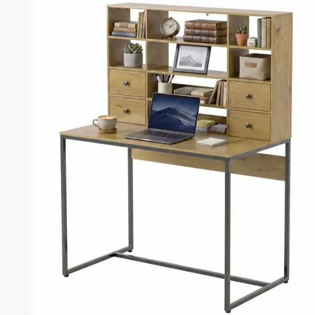 ZYLARO Bureau met 4 Lades en Opbergrekken - Modern Computerbureau met Verstelbare Planken - Kantoortafel - Werktafel - Bureautafel - Desk - 105 x 60 x 142 cm - Naturel/Zwart naturel hout + zwart