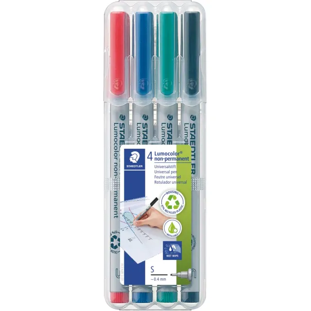 Staedtler Lumocolor 311, OHP-marker, non permanent, 0,4 mm, box van 4 stuks in geassorteerde kleuren blauw