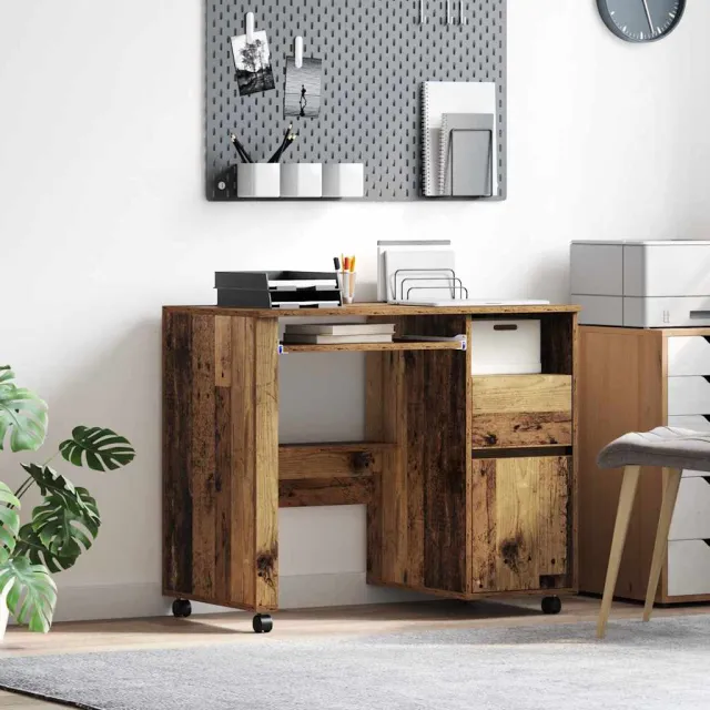 vidaXL Bureau met Wielen Oud Hout 91 x 50 x 77 cm Bewerkt hout Bruin