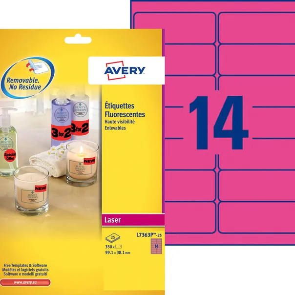 Avery Etiket Avery L7363P-25 99.1x38.1mm neon roze 340 stuks