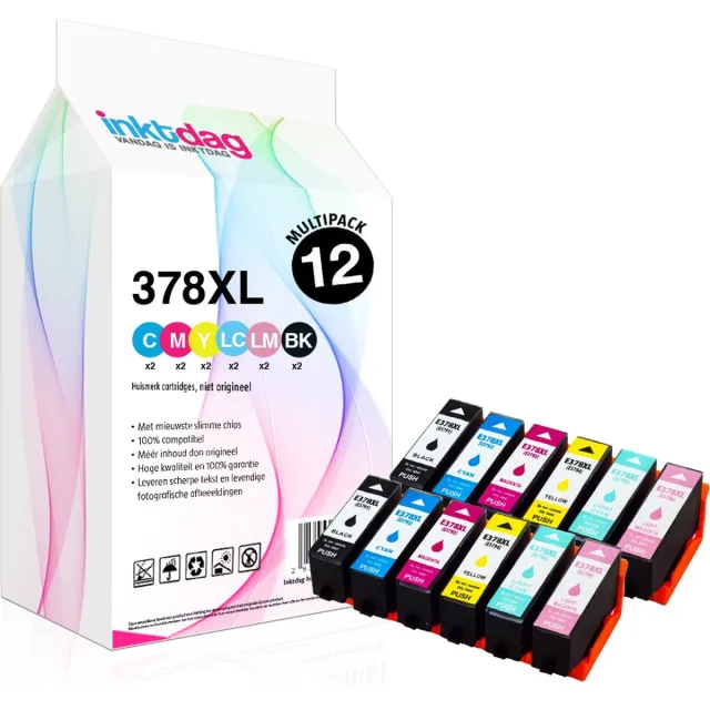 inktdag Inktcartridge voor de Epson 378XL/ Epson 378 Multipack ( 12 stuks) voor Epson Expression Photo XP-8500, XP-8505, XP-8600, XP-8605, XP-8606 2 x Zwart