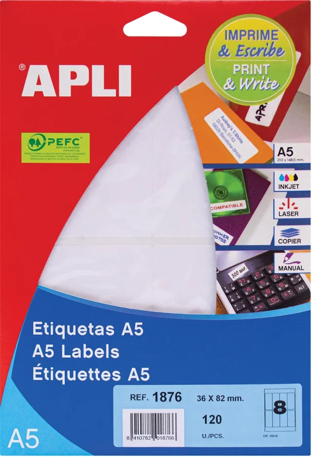 Apli witte etiketten Print & Write ft 36 x 82 mm (b x h), 120 stuks, 8 per blad (1876)