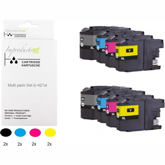 Improducts 2x multi pack Inkt cartridges - Alternatief Brother LC-421XL LC 421 bk/c/m/y o.a. geschikt DCP-J 1050DW 1140DW 1800DW MFC-J 1010DW Multicolor - Zwart (2x), Cyaan (2x), Magenta (2x), Geel (2x)