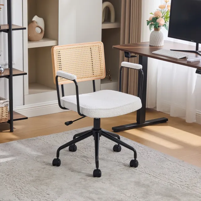 MEUNIQ bureaustoel met wielen en armleuningen, verstelbare zithoogte 61 x 58,5 x 83,5-91,5 cm, rotan rugleuning, chenille zitting, draaibaar, ivoor Ivory