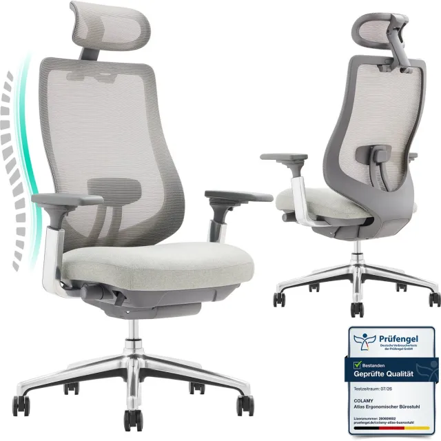 COLAMY Atlas Bureaustoel – Ergonomische Bureaustoel met 4D-armleuningen – voor-achter verstelbare zitting – Lichtgrijs
