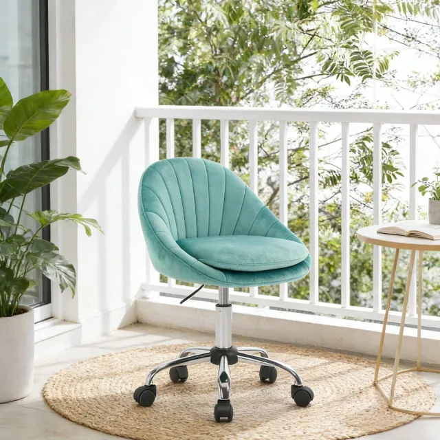 MEUNIQ Bureaustoel zonder armleuningen – fluweel, in hoogte verstelbaar 46–56 cm, 360° draaibaar met 5 wielen, metalen onderstel, turquoise