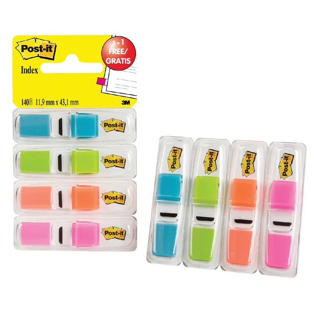 Post-it Indextabs Post-it 6834 11.9mmx43.1mm helder 3+1 gratis assorti 35 tabs per dispernser