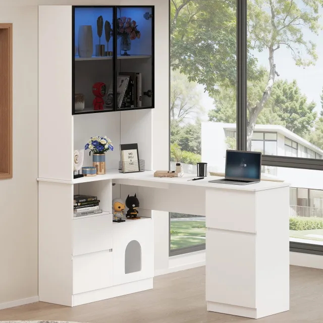 KOMHTOM Hoekbureau met Boekenplank - LED-verlichting - 120x80x180cm - Gaming Computerbureau - 3 Lades 2 Deuren - Kabeldoorvoer - Open Vakken - Wit Zwart Industrieel - Thuiskantoor Bureautafel