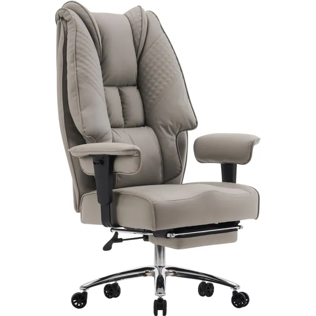 ZynoCore Ergonomische Bureaustoel - 180kg - Met voetsteun - Lichtgrijs - Breed zitvlak - Leder - Hoge rug - Voor kantoor & gamen