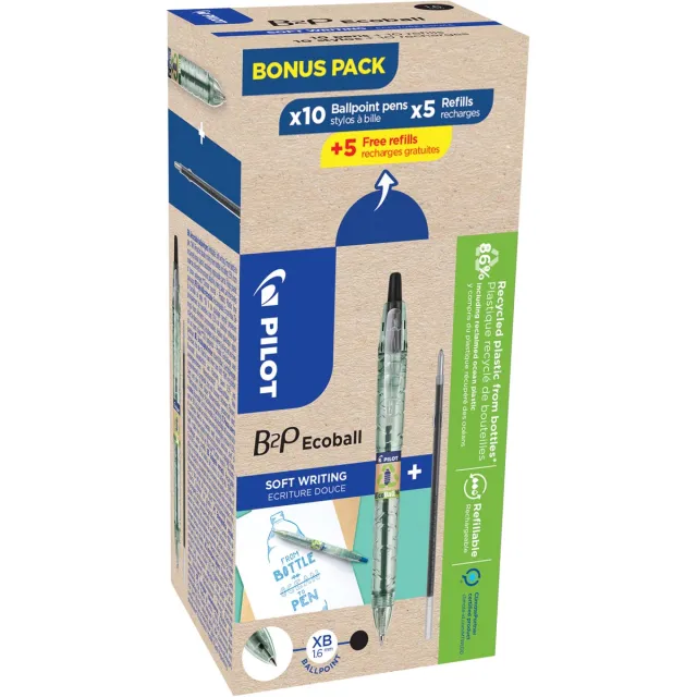 Pilot Ecoball B2P BeGreen balpen large zwart, 10 stuks + navullingen