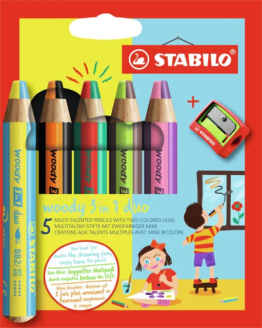 Stabilo Kleurpotloden STABILO 882 woody 3 in 1 duo inclusief puntenslijper assorti etui 5 à stuks