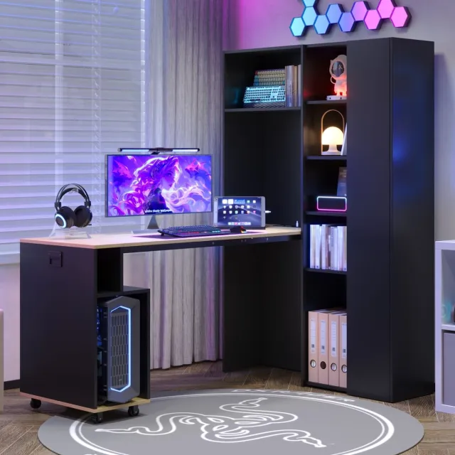 MODENUIT Bureau 104,5x30,5x160 cm - Klapbaar Met Boekenkast en USB - Thuiswerkplek - MDF Zwart/Eiken