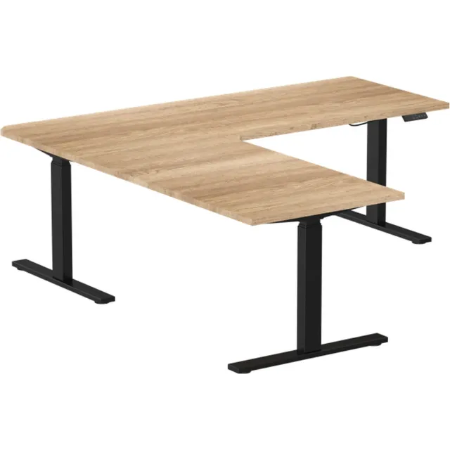 Betaalbarewerkplek Zit sta bureau elektrisch verstelbaar hoekbureau | 180x160x70 cm | frame zwart - blad grijs eiken | Memory bediening Zwart (9005)