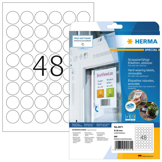 Herma Etiket HERMA 4571 30mm rond folie wit 960 stuks