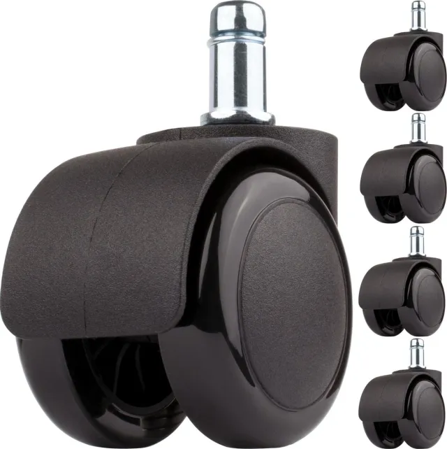 PrimeAmbition Bureaustoel wieltjes - Zwart - 11mm/50mm – Zwenkwielen - Bureaustoelwielen – Bureaustoel Wielen - Wieltjes voor Stoelen - Set van 5
